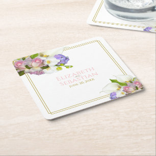 Posavasos Cuadrado De Papel Pastel Bouquet Spring Floral Rosa & Gold Boda