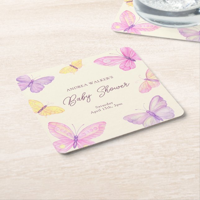 Posavasos Cuadrado De Papel Pastel Butterflies Pink Purple Baby Shower (En perspectiva)