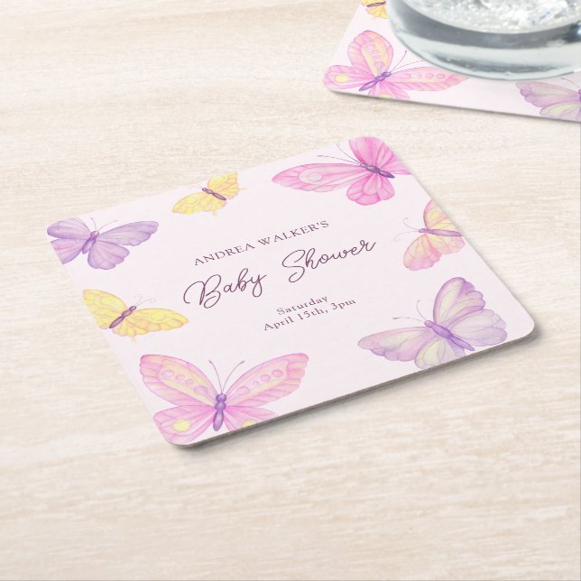 Posavasos Cuadrado De Papel Pastel Butterflies Pink Purple Baby Shower (En perspectiva)