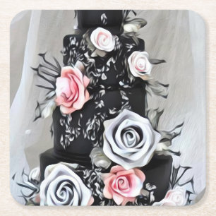 Posavasos Cuadrado De Papel Pastel de Boda negro con Rosas