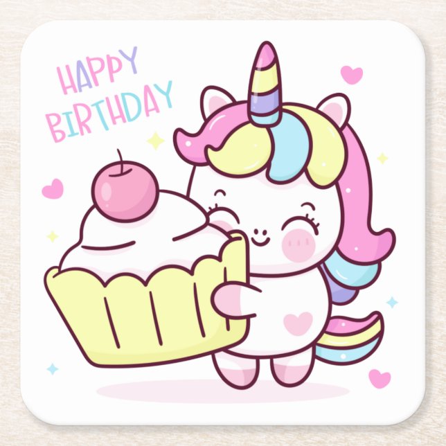 Posavasos Cuadrado De Papel Pastel de cumpleaños feliz de unicornio (Anverso)
