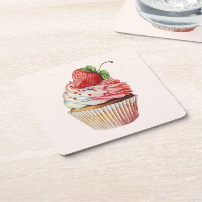 Posavasos Cuadrado De Papel Pastel de fresa postre dulce (En perspectiva)
