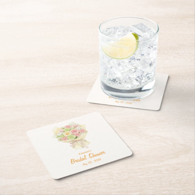 Posavasos Cuadrado De Papel Pastel Floral Bridal Shower bouquet  (In situ)