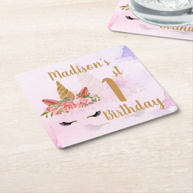 Posavasos Cuadrado De Papel Pastel Floral Unicornio (En perspectiva)