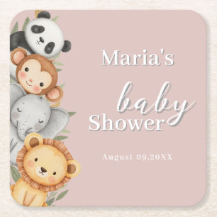 Posavasos Cuadrado De Papel Pastel Tropical Baby Shower Jungle Safari Animales