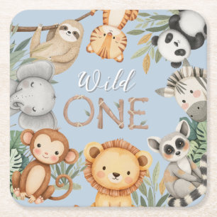 Posavasos Cuadrado De Papel Pastel Tropical Salvaje Una Selva Animales Safari