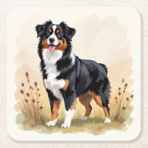 Posavasos Cuadrado De Papel Pastor Australiano Negro Tricolor Perro Aussie