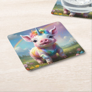 Posavasos Cuadrado De Papel "Patas Mágicas: El Cerdo Unicornio Arcoíris"
