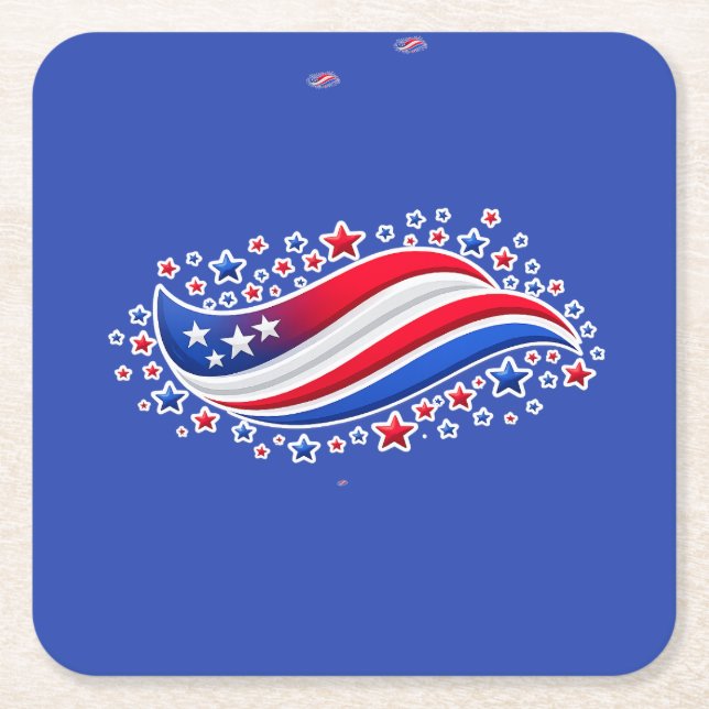 Posavasos Cuadrado De Papel Patriotic Wavy American Flag with Stars | Red Whit (Anverso)