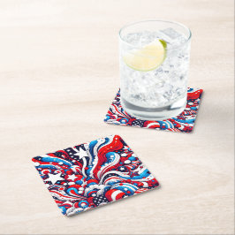 Posavasos Cuadrado De Papel Patriótico Rojo, Blanco y Azul 4 de julio