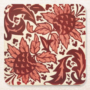 Posavasos Cuadrado De Papel Patrón Antiguo de Flores Rojas y Frutas