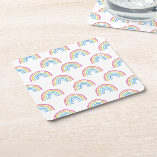 Posavasos Cuadrado De Papel Patrón arcoiris pastel (En perspectiva)