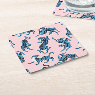 Posavasos Cuadrado De Papel Patrón asiático del tigre azul