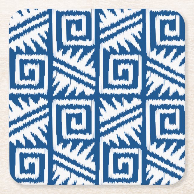 Posavasos Cuadrado De Papel Patrón Azteca Ikat - Azul cobalto y blanco (Anverso)