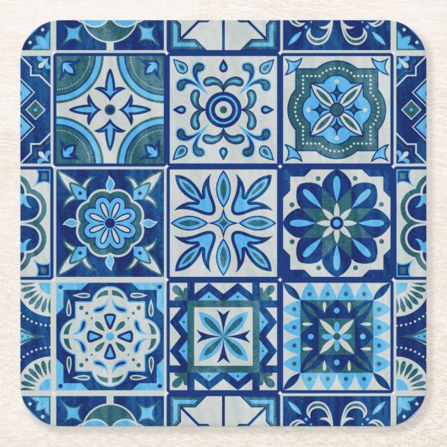 Posavasos Cuadrado De Papel Patrón Azulejos Azul Portugal (Anverso)