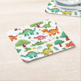 Posavasos Cuadrado De Papel Patrón blanco de dinosaurios y árboles