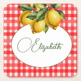 Posavasos Cuadrado De Papel Patrón blanco rojo botánico limón italiano