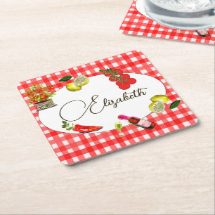 Posavasos Cuadrado De Papel Patrón blanco rojo limón mediterráneo italiano