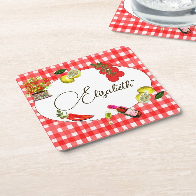 Posavasos Cuadrado De Papel Patrón blanco rojo limón mediterráneo italiano (En perspectiva)