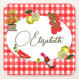 Posavasos Cuadrado De Papel Patrón blanco rojo limón mediterráneo italiano