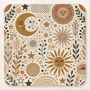 Posavasos Cuadrado De Papel Patrón Boho Celestial de Sol y Luna