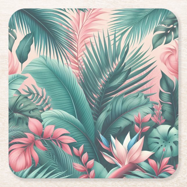Posavasos Cuadrado De Papel Patrón botánico del paraíso tropical (Anverso)