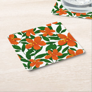 Posavasos Cuadrado De Papel Patrón botánico verde floral rojo naranja