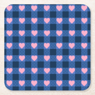 Posavasos Cuadrado De Papel Patrón cardíaco rosa azul de Gingham