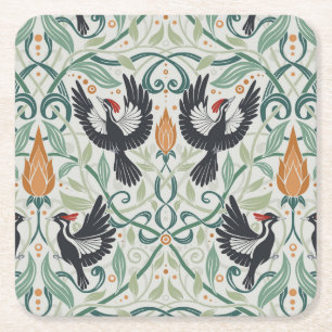 Posavasos Cuadrado De Papel Patrón con pájaros carpinteros de marfil