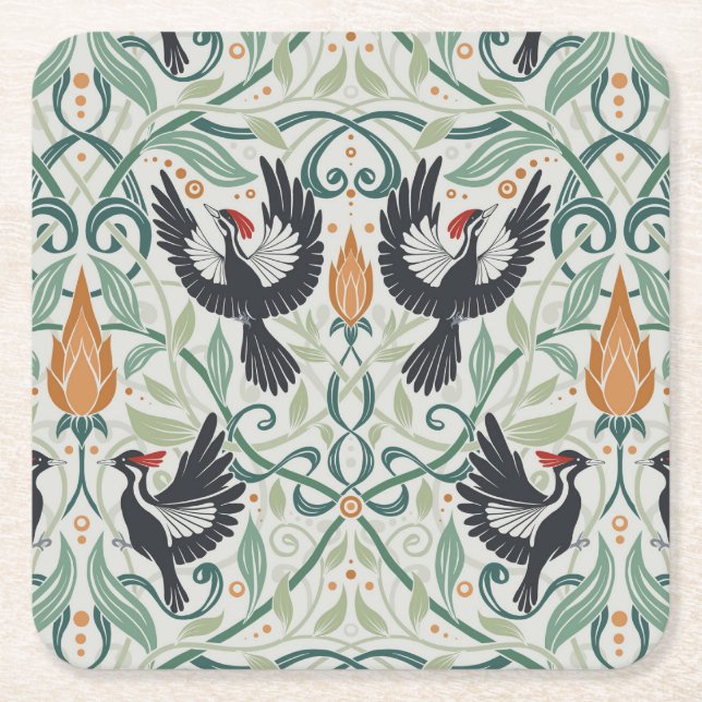 Posavasos Cuadrado De Papel Patrón con pájaros carpinteros de marfil (Anverso)