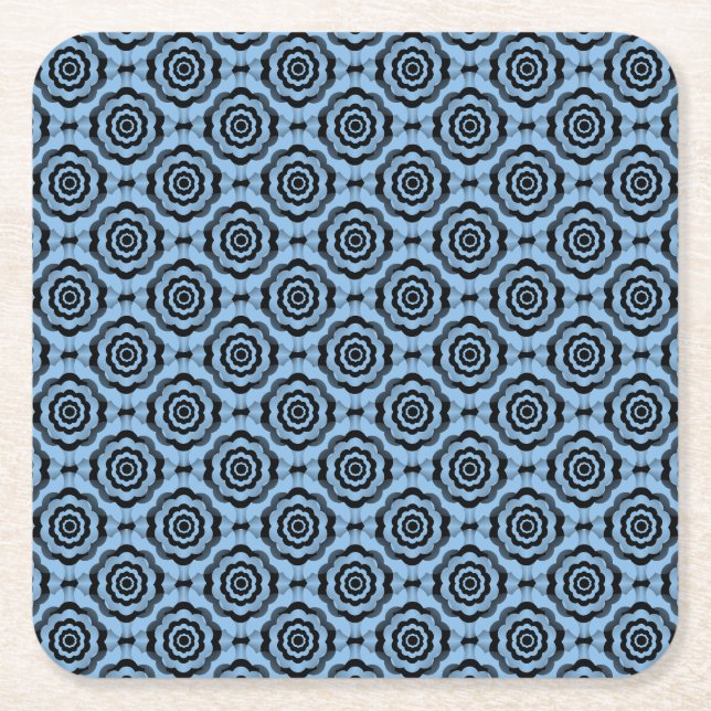Posavasos Cuadrado De Papel Patrón continuo de flores azul negro (Anverso)
