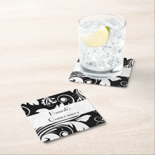 Posavasos Cuadrado De Papel Patrón Damask, negro y blanco, quinceañera