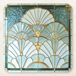 Posavasos Cuadrado De Papel Patrón de abanico elegante verde dorado Art Deco
