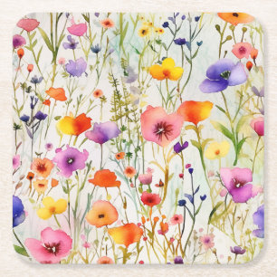 Posavasos Cuadrado De Papel Patrón de acuarela de flores silvestres modernas