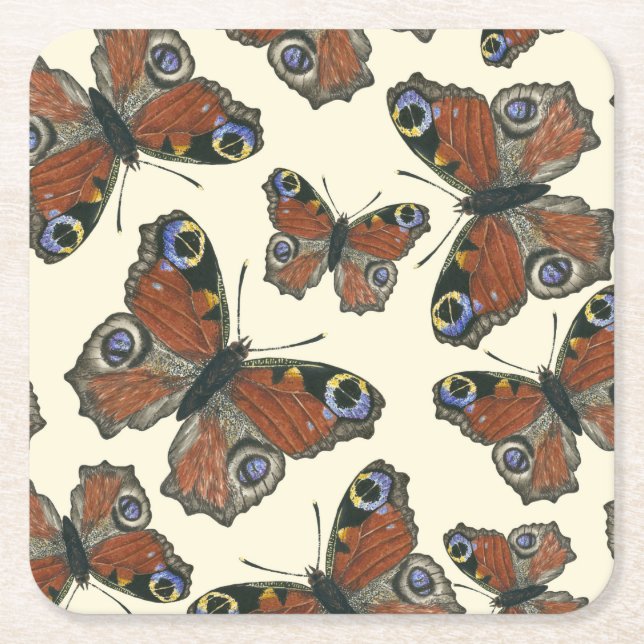 Posavasos Cuadrado De Papel Patrón de acuarela de mariposas (Anverso)