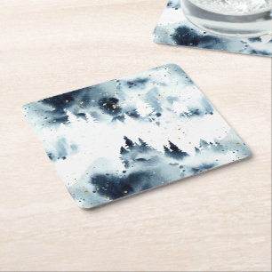 Posavasos Cuadrado De Papel Patrón de acuarela del bosque azul de medianoche