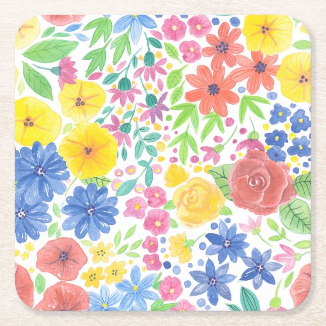 Posavasos Cuadrado De Papel Patrón de acuarela floral (Anverso)