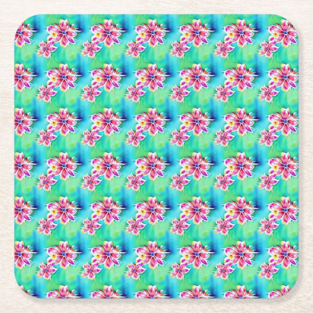 Posavasos Cuadrado De Papel Patrón de acuarela floral de Art Nouveau psicodéli (Anverso)