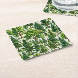 Posavasos Cuadrado De Papel Patrón de árbol de bosque perenne