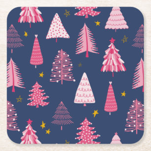 Posavasos Cuadrado De Papel Patrón de árbol de Navidad azul y rosa