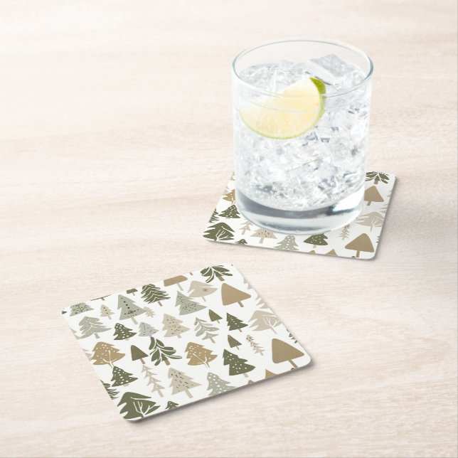 Posavasos Cuadrado De Papel Patrón de árbol navideño moderno (In situ)