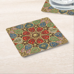 Posavasos Cuadrado De Papel Patrón de arte árabe rojo verde azul Faux dorado