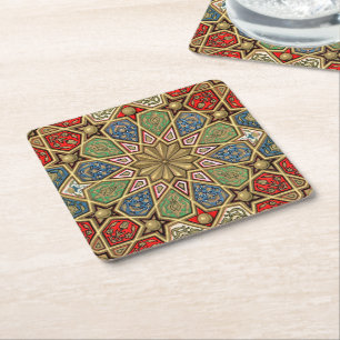 Posavasos Cuadrado De Papel Patrón de arte árabe rojo verde azul Faux dorado