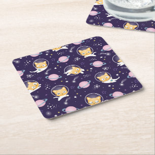 Posavasos Cuadrado De Papel Patrón de astronautas de gatos gatitos