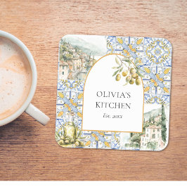Posavasos Cuadrado De Papel Patrón de baldosas mediterráneo de olivo amarillo