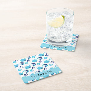 Posavasos Cuadrado De Papel Patrón de ballenas, ballenas azules, tu nombre