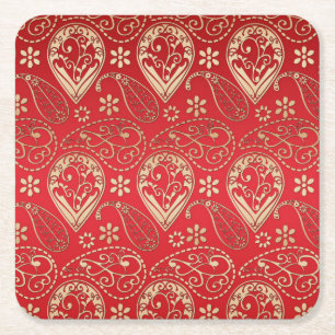Posavasos Cuadrado De Papel Patrón de Bandana de Paisley Red Gold