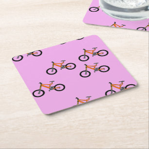 Posavasos Cuadrado De Papel Patrón de bicicletas en rosa
