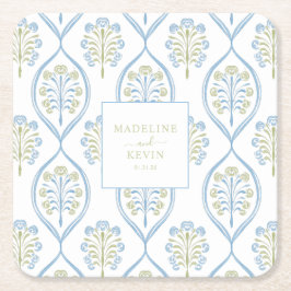 Posavasos Cuadrado De Papel Patrón de boda floral azul y verde a medida