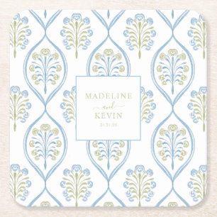 Posavasos Cuadrado De Papel Patrón de boda floral azul y verde a medida